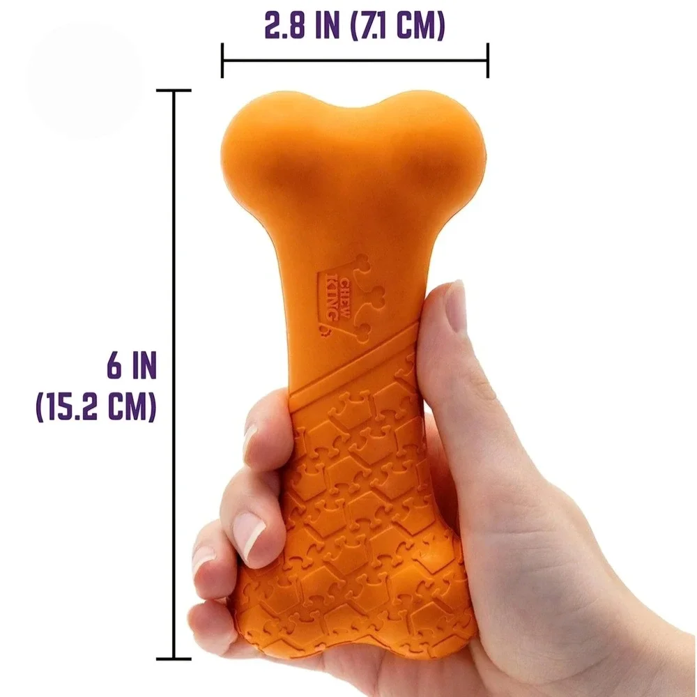 NWT Chew King Bacon Scented Natural Rubber Dog Bone Toy Orange 6 In Durable Toy
